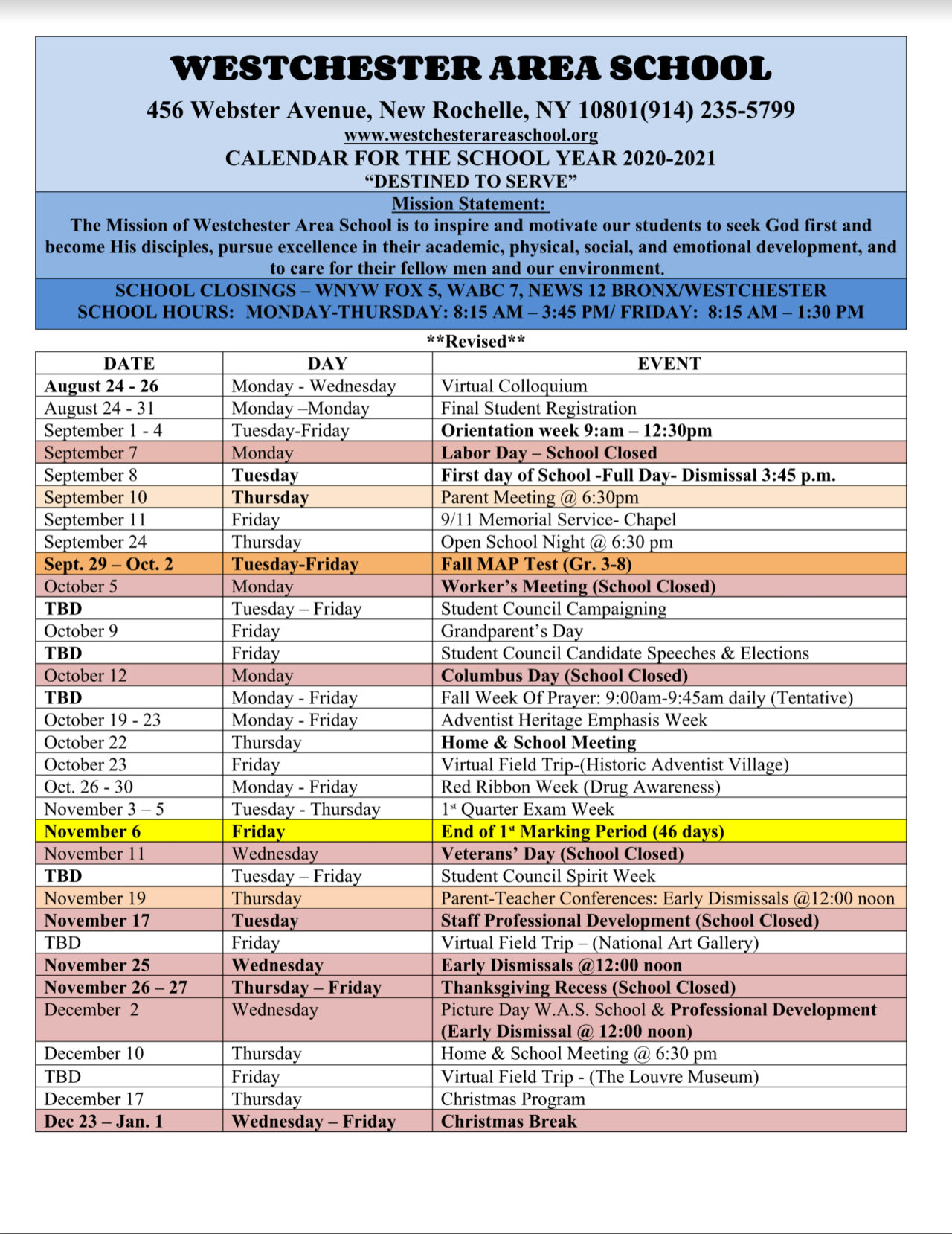 Events Calendar Westchester Area School